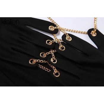 Women Dress Fashion Sexy Hollow Out Chain Halter Solid Black Skinny Stretch Mini Bodycon